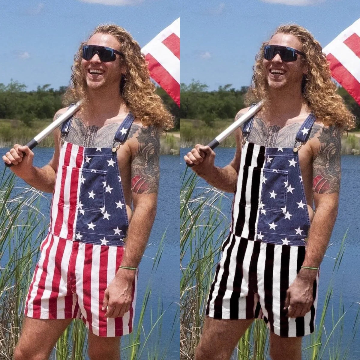 A Long haired man wearing american flag overalls while holding the USA flag with a lake behind him