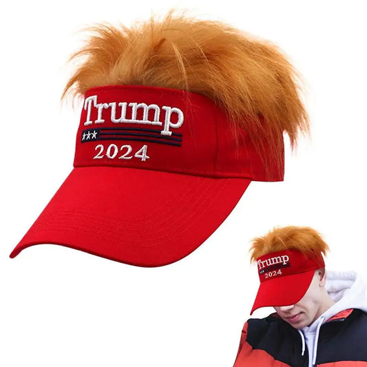 Red Trump 2024 Hat with Funny hair attached against a white background