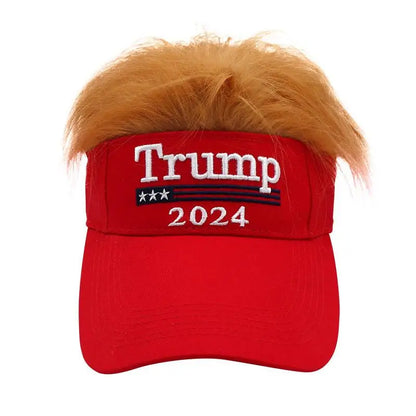 Trump 2024 hat with funny hair against a white background