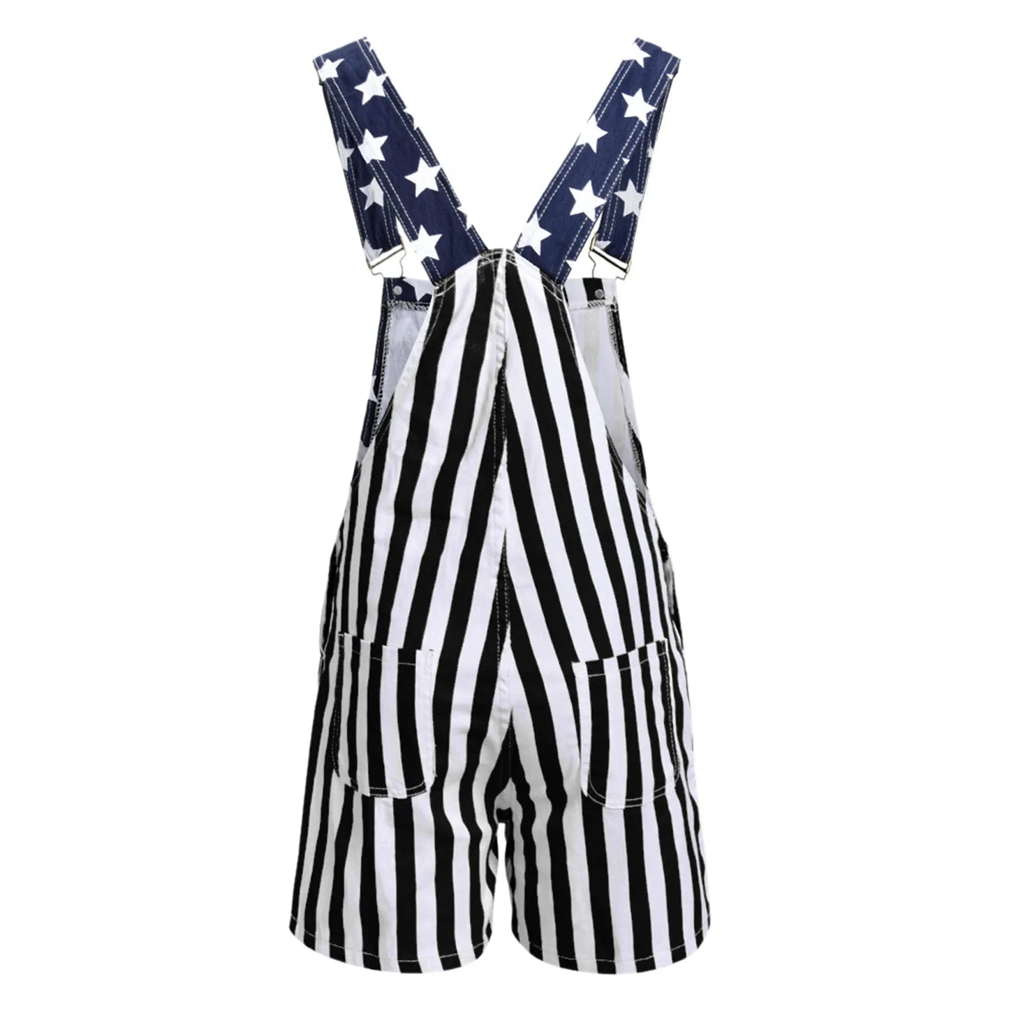 American Flag Styled Denim Overalls again a white background. The stripes are black and white on this version. The Stars remain white against a Blue background.