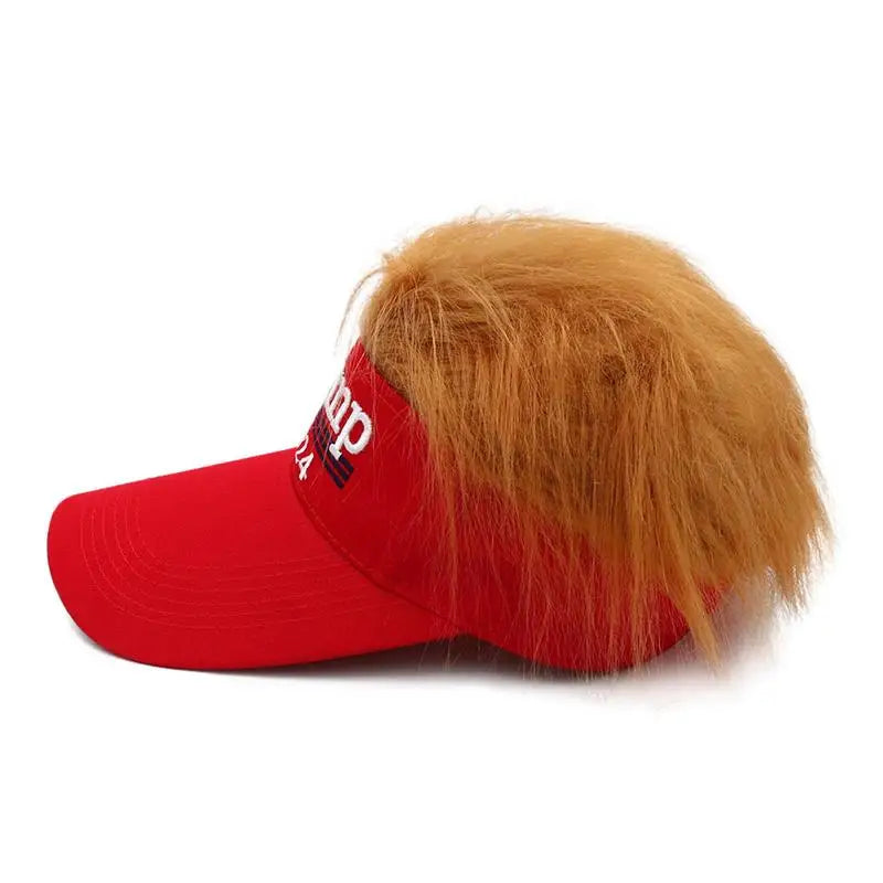 Side view of trump 2024 hat with funny hair