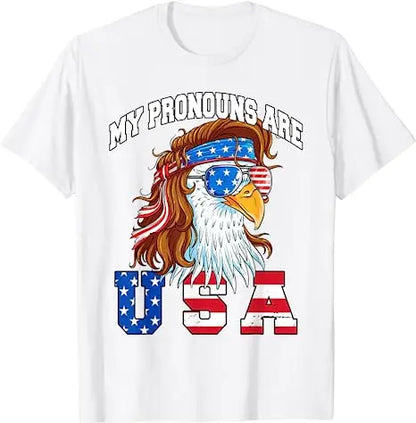 Funny Tee shirt that has a bald eagle with long hair with the caption 'My pronouns are USA'