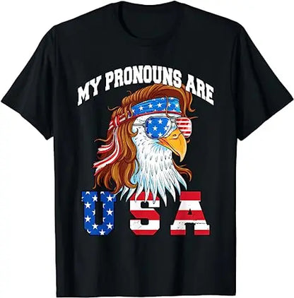 Funny Tee shirt that has a bald eagle with long hair with the caption 'My pronouns are USA'