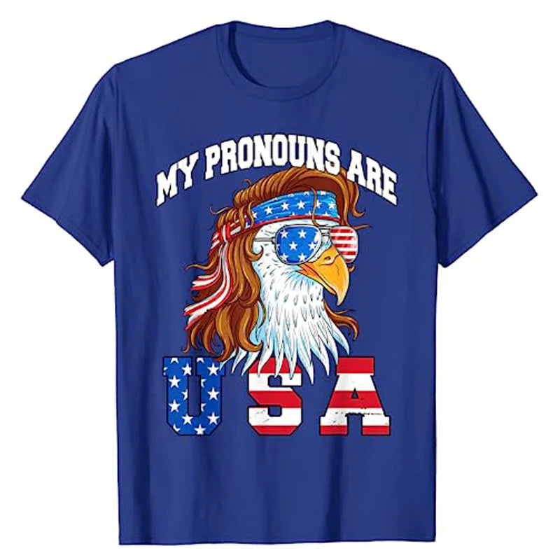 Funny Tee shirt that has a bald eagle with long hair with the caption 'My pronouns are USA'