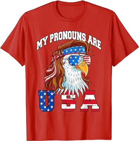 Funny Tee shirt that has a bald eagle with long hair with the caption 'My pronouns are USA'