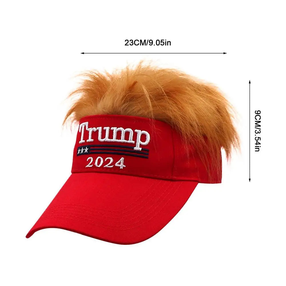 Trump Hat with funny hair against a white background with measurements listed