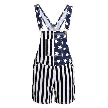 American Flag Styled Denim Overalls again a white background. The stripes are black and white on this version. The Stars remain white against a Blue background.