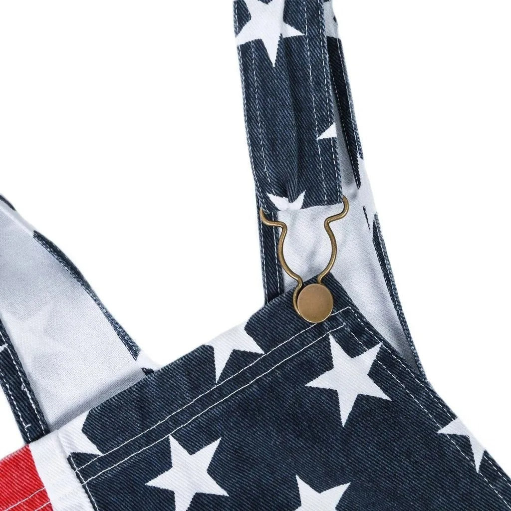 Close Up Of Button on American Flag Overalls again a white background